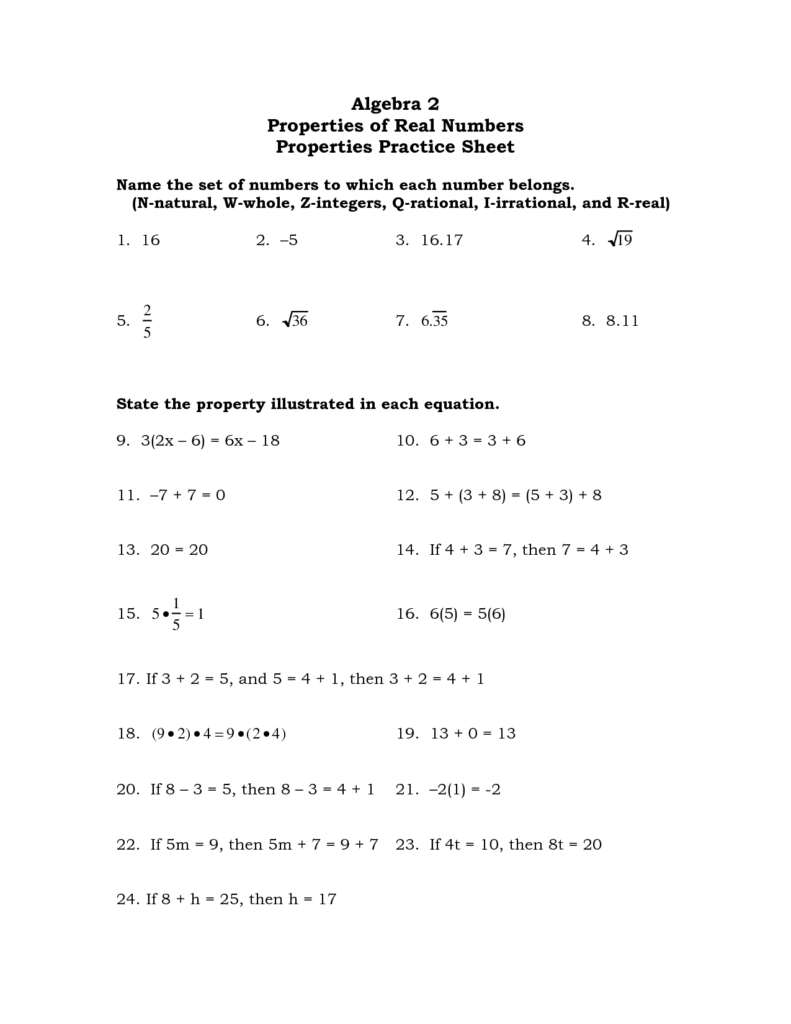 Algebra 1 Real Numbers Worksheet AlphabetWorksheetsFree