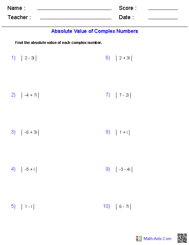 Algebra 2 Worksheets Complex Numbers Worksheets