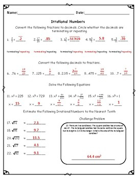 Approximating Irrational Numbers Worksheet