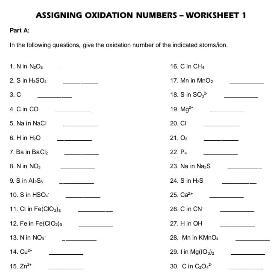 ASSIGNING OXIDATION NUMBERS WORKSHEET 1 Part StudyX