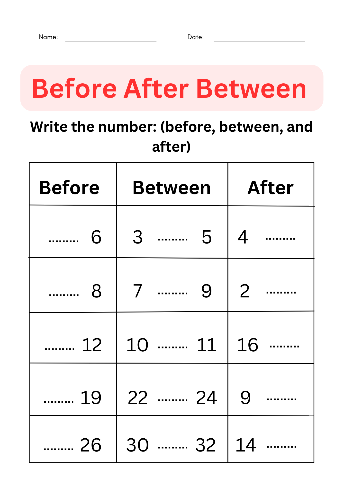 Before After And Between Number Worksheets For Grade 1 2 3 Teaching 