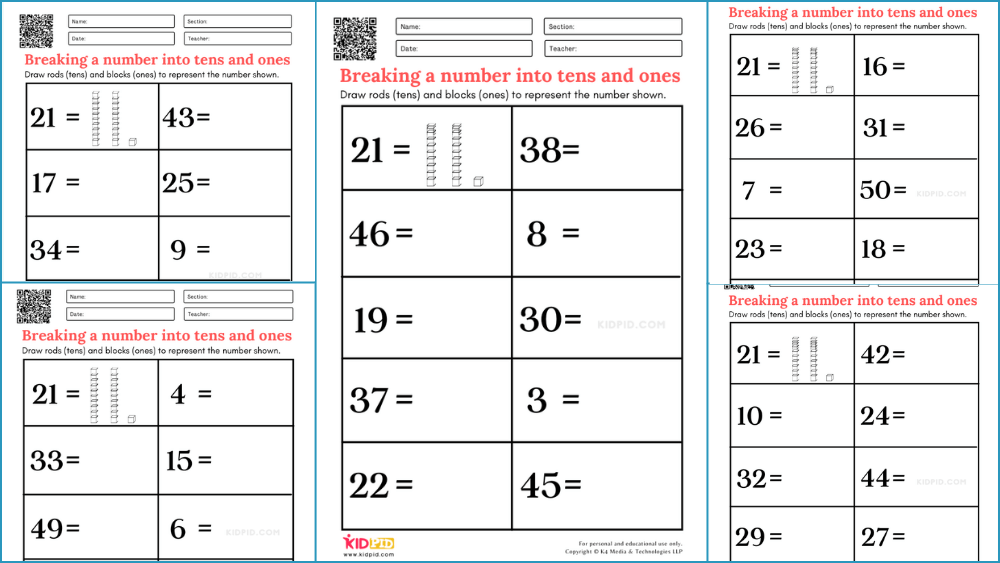 Breaking A Number Into Tens And Ones Printable Worksheets For Grade 1 