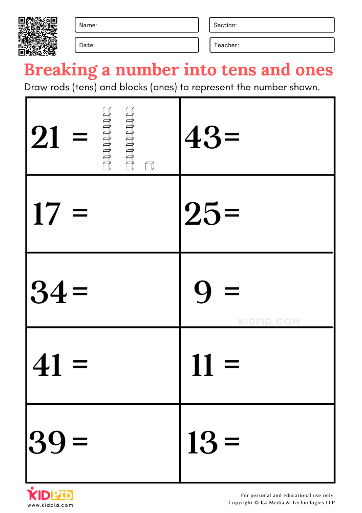 Breaking A Number Into Tens And Ones Printable Worksheets For Grade 1 