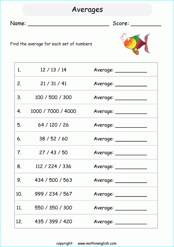 Calculate The Average Of These Sets Of 3 Numbers Grade 5 Math Worksheet 