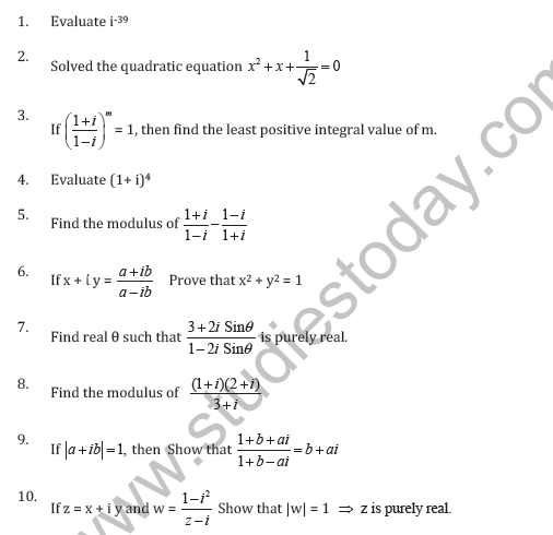 CBSE Class 11 Complex Numbers And Quadratic Equation Worksheet A
