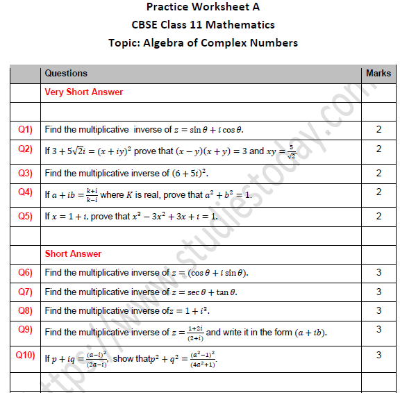 CBSE Class 11 Maths Algebra Of Complex Numbers Worksheet Set A