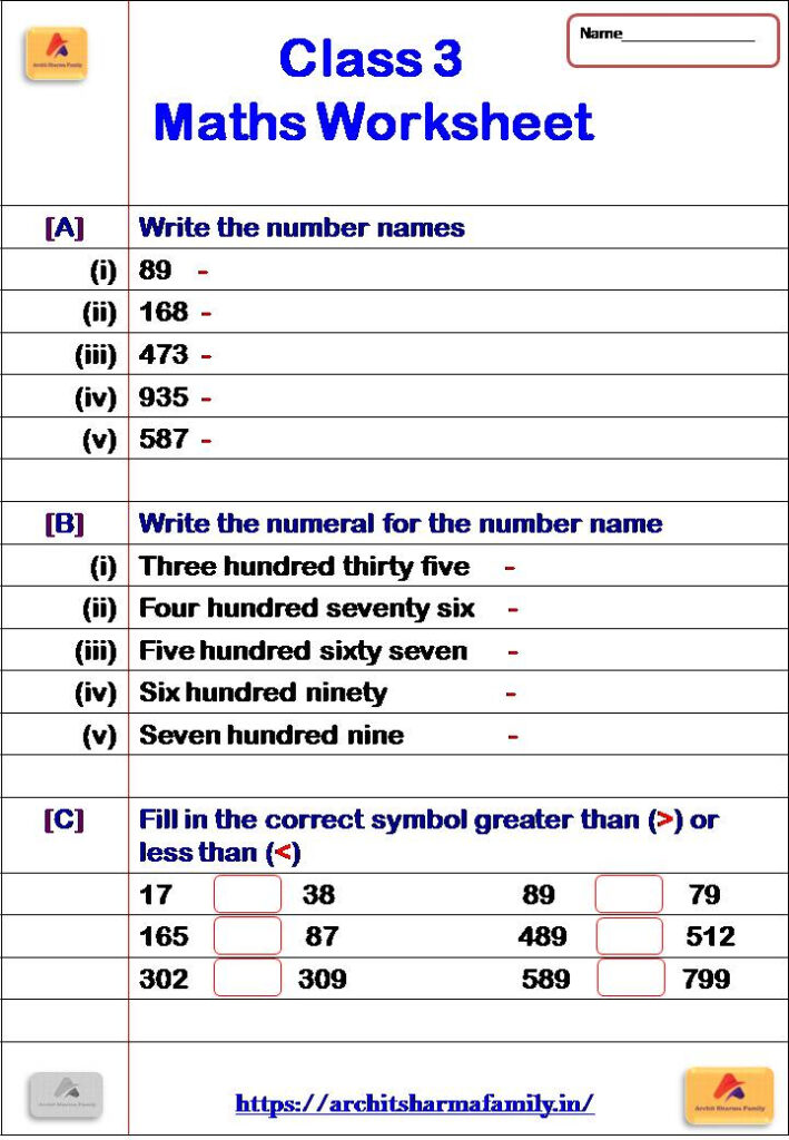 Class 3 Maths Worksheet Archit Sharma