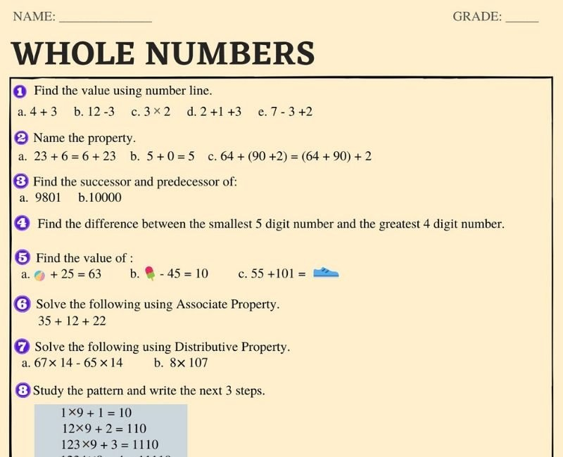 Class 6 Maths Whole Numbers Worksheet