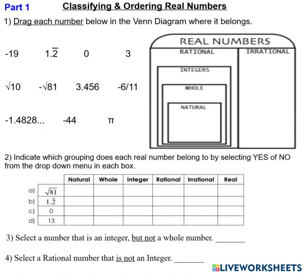 Classifying Ordering Real Numbers Part 1 Interactive Worksheet 