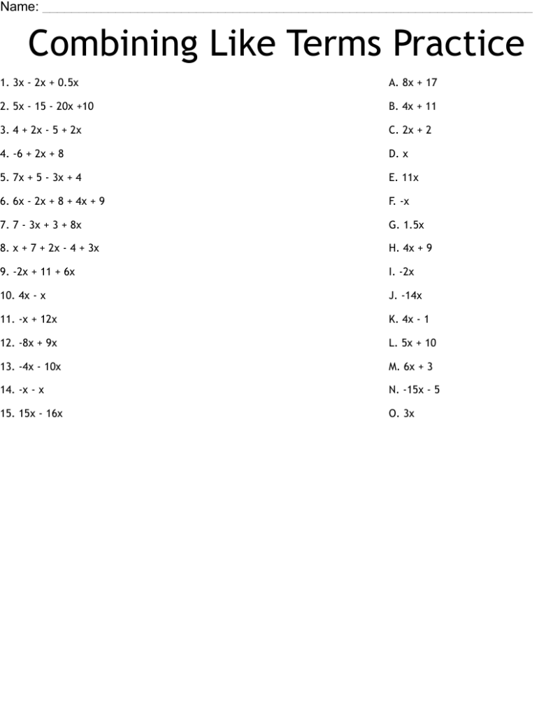 Combining Like Terms Practice Worksheet WordMint