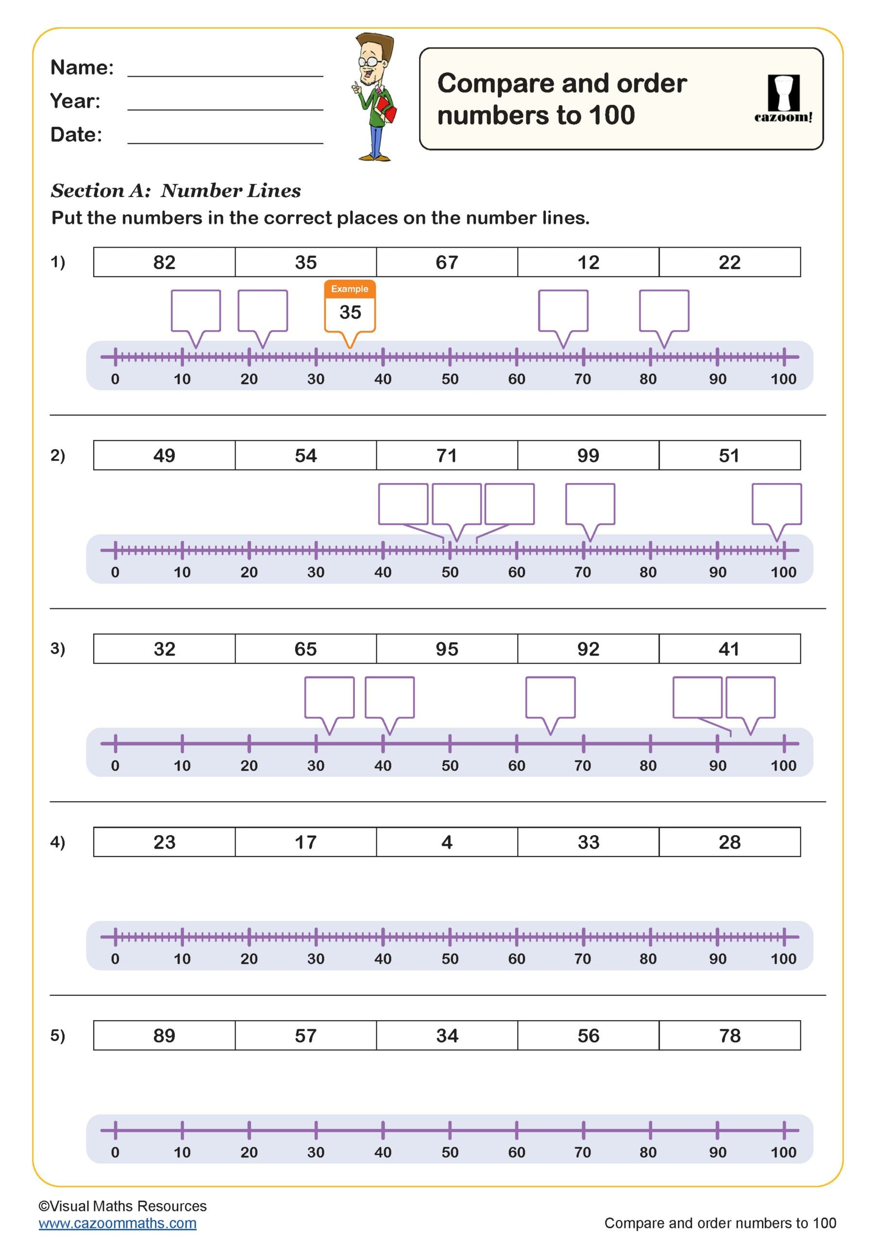 Compare And Order Numbers To 100 Worksheet PDF Printable Number 