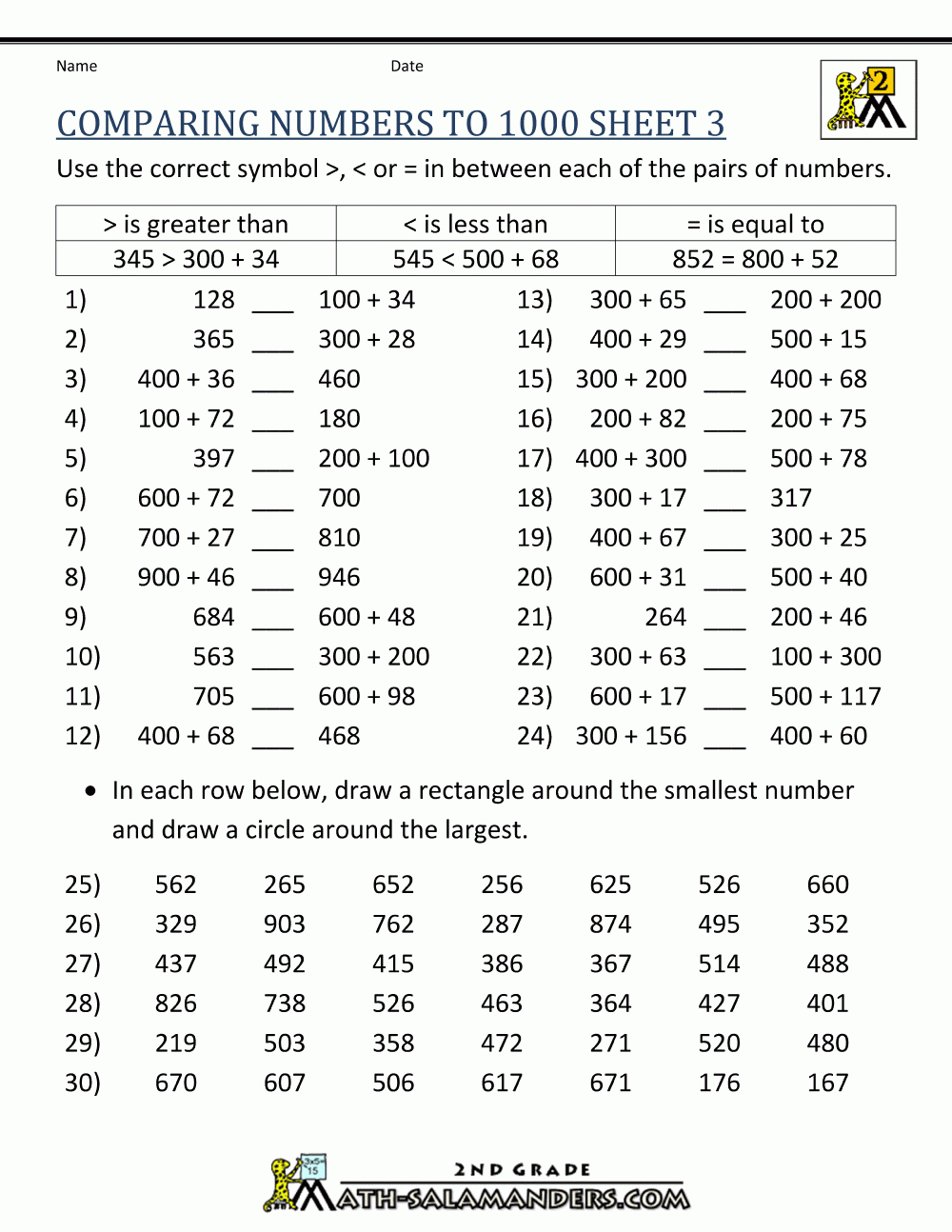 Compare And Order Numbers Worksheets