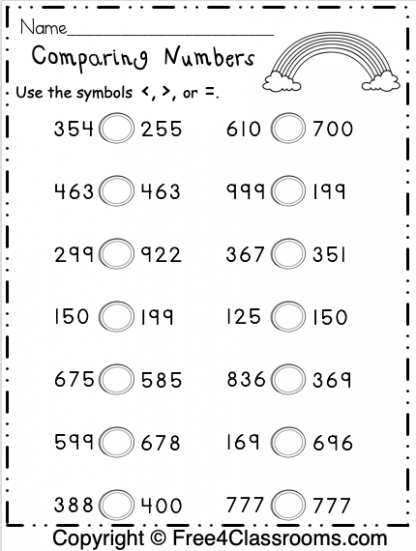 Comparing 3 Digit Numbers Worksheets
