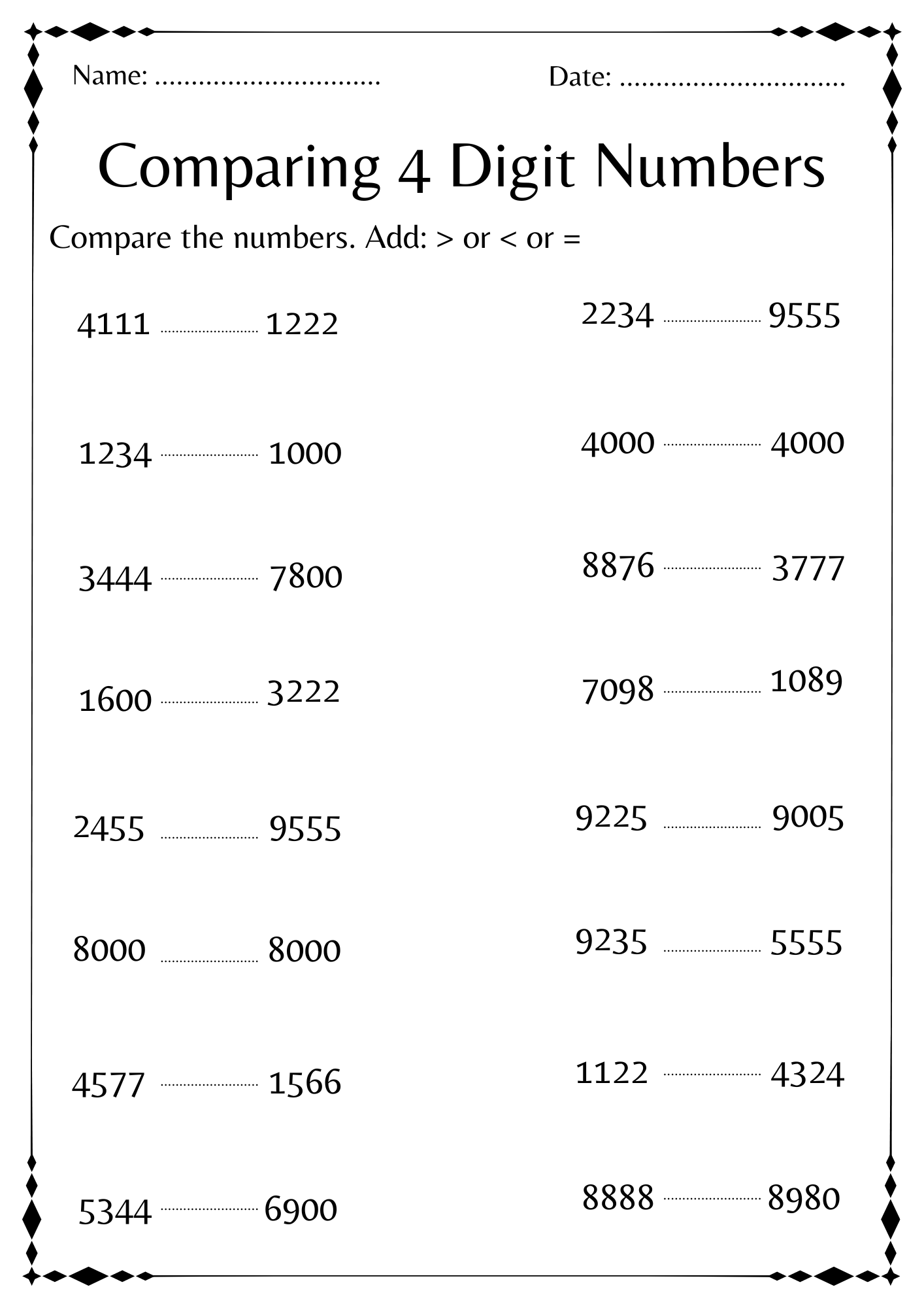 Comparing 4 Digit Numbers Activities Math Worksheet For Kindergarten 