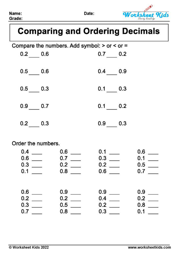 Comparing And Ordering Decimal Worksheets For Grade 4 5