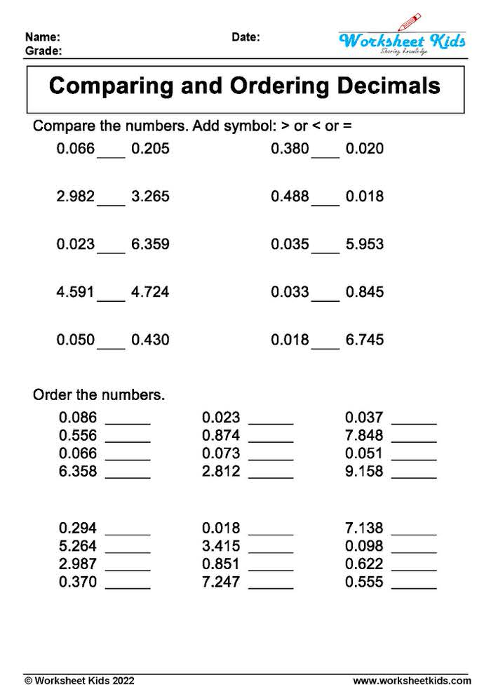Comparing And Ordering Decimals Worksheet Free Printable PDF