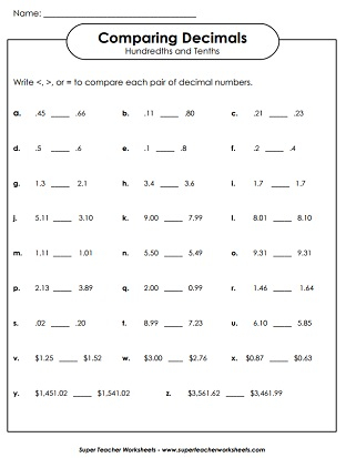 Comparing And Ordering Decimals Worksheets 