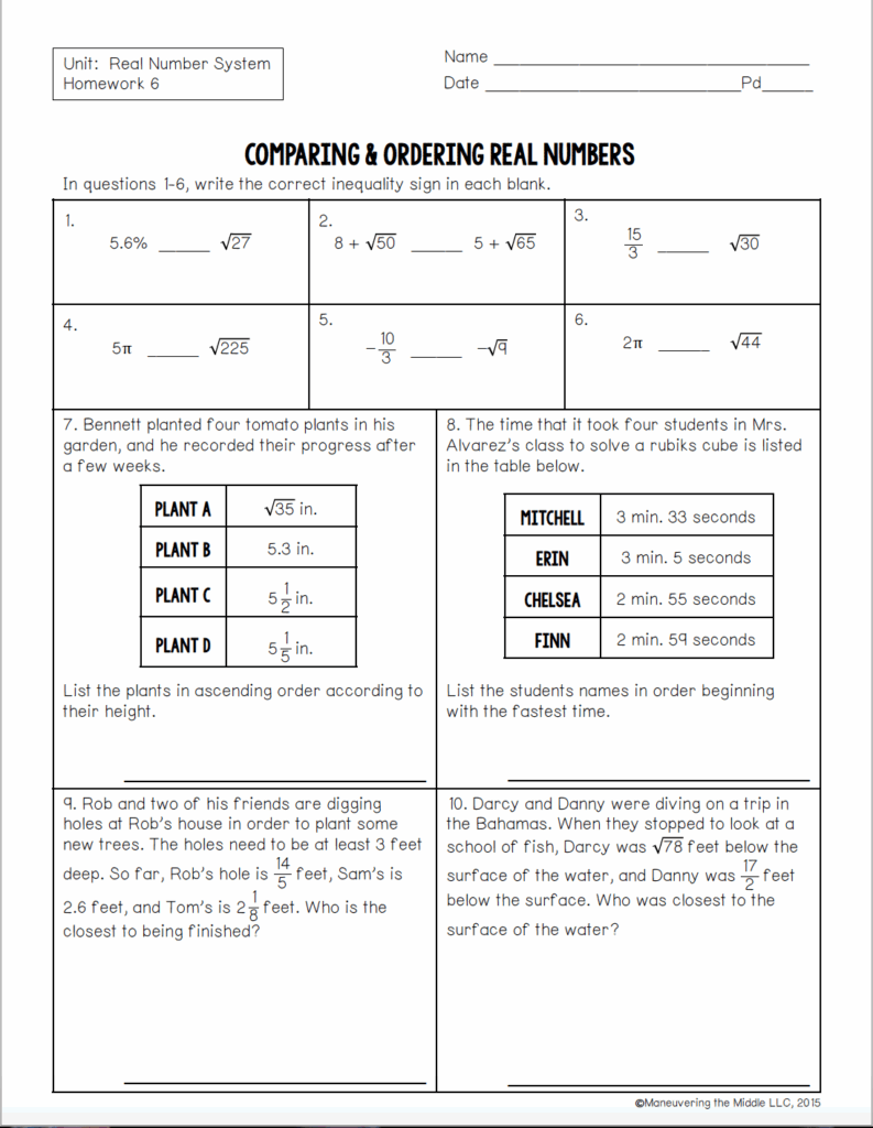 Comparing And Ordering Real Numbers Worksheet