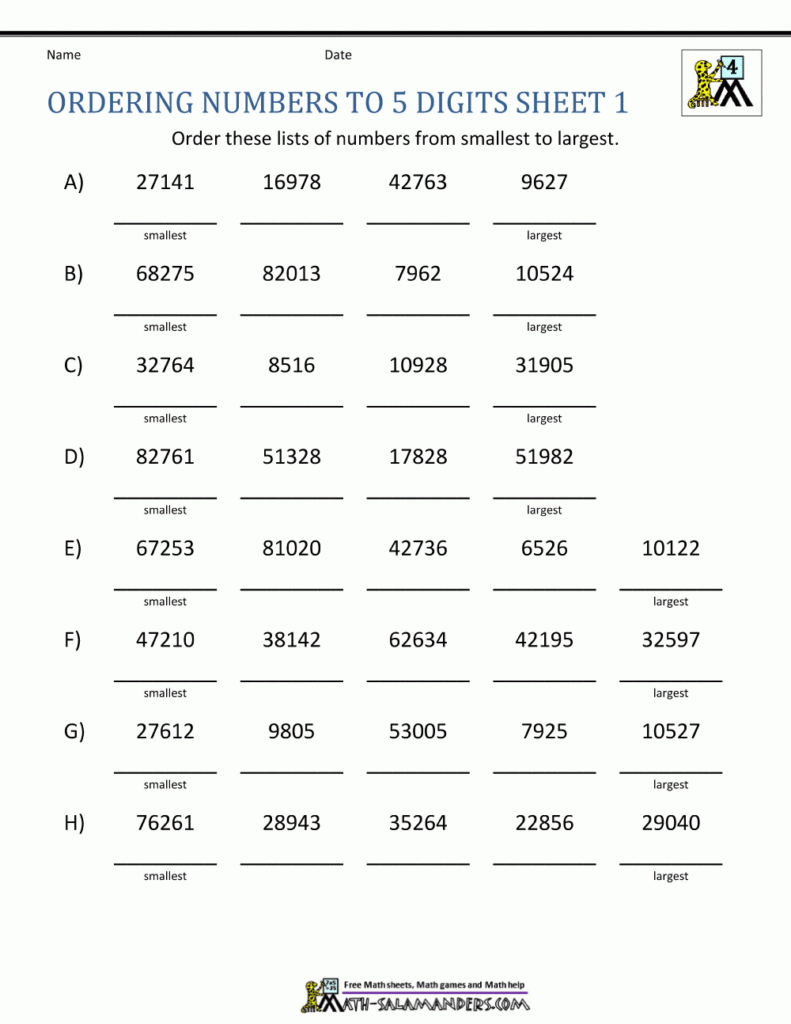 Comparing And Ordering Whole Numbers Worksheets