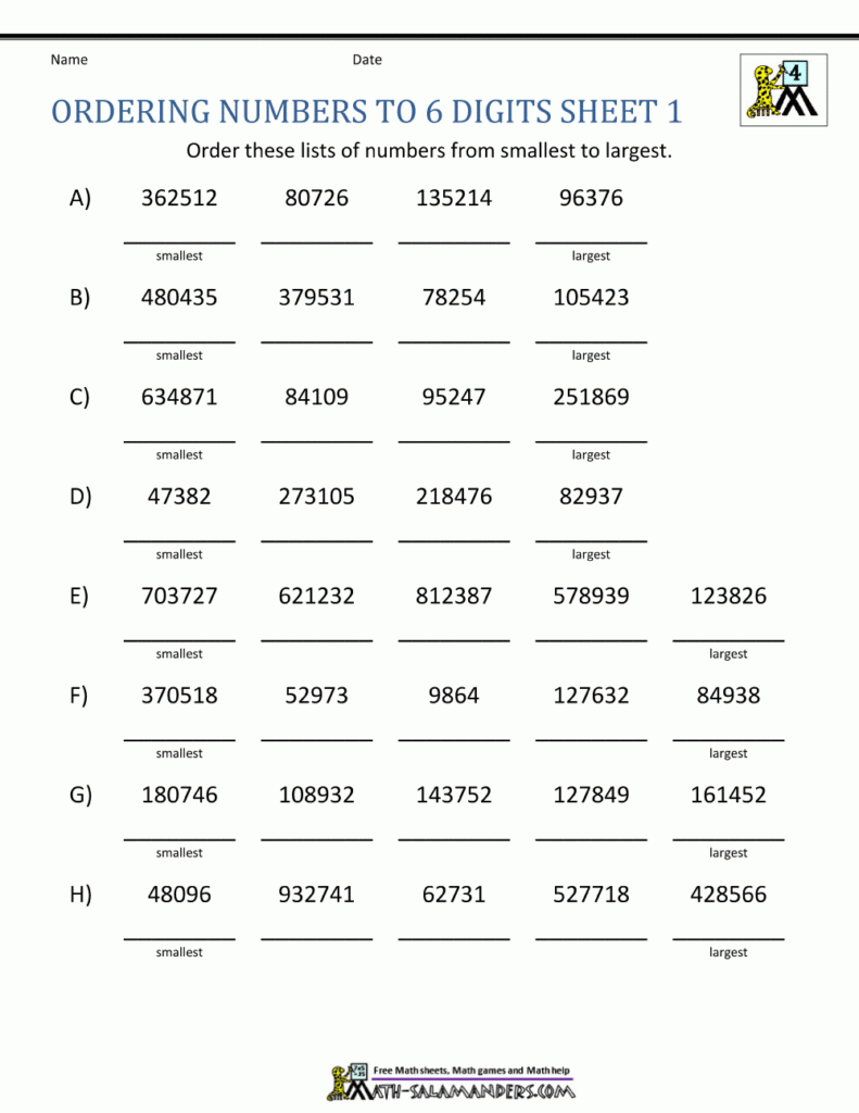 Comparing And Ordering Whole Numbers Worksheets