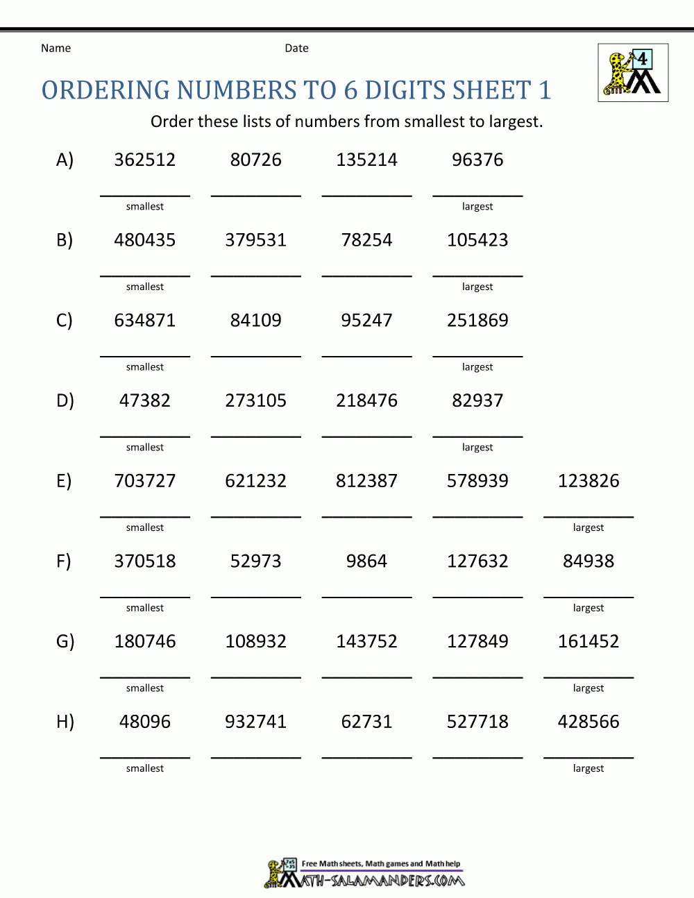 Comparing And Ordering Whole Numbers Worksheets