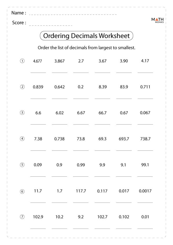 Comparing Decimals Worksheet Grade 4