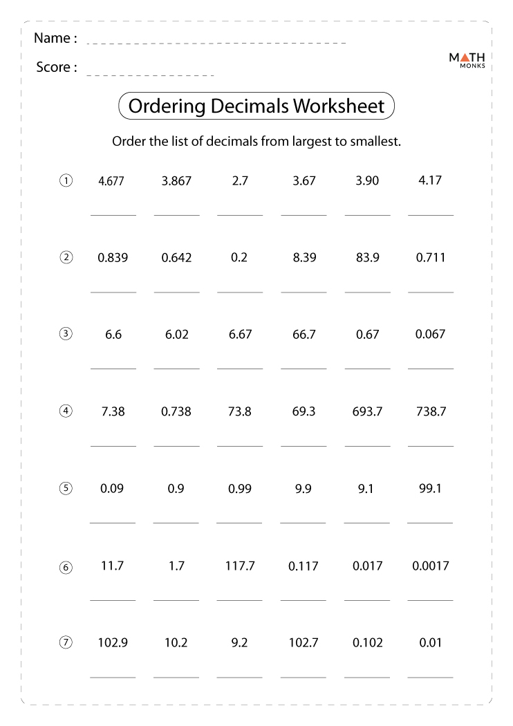 Comparing Decimals Worksheet Grade 4