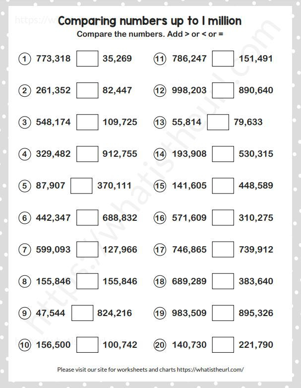 Comparing Large Numbers Worksheet The Numbers Used Are Upto 1 Million