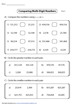 Comparing Multi Digit Numbers Worksheets