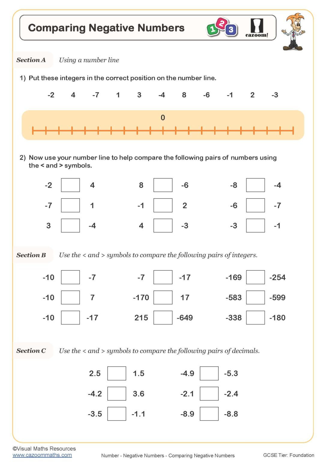Comparing Negative Numbers Worksheet Printable Maths Worksheets
