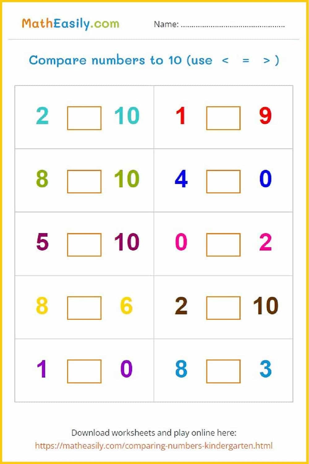 Comparing Numbers 1 10 Worksheets Kindergarten Kindergarten Worksheets