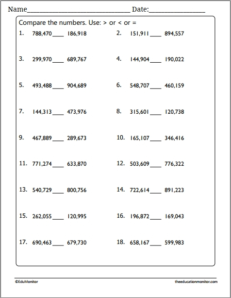 Comparing Numbers Up To 1 Million Worksheet EduMonitor Science 