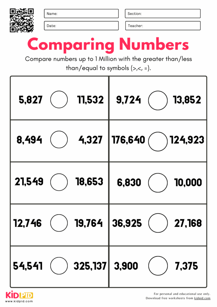 Comparing Numbers Up To 1 Million Worksheet For Grade 4 Kidpid