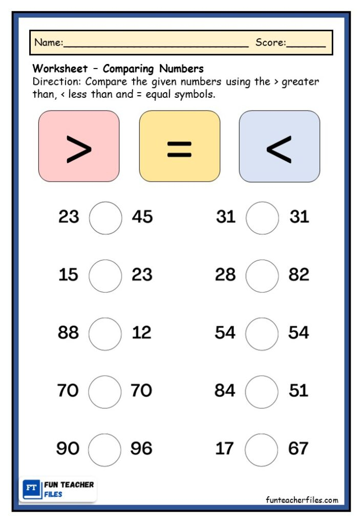 Comparing Numbers Worksheet Fun Teacher Files