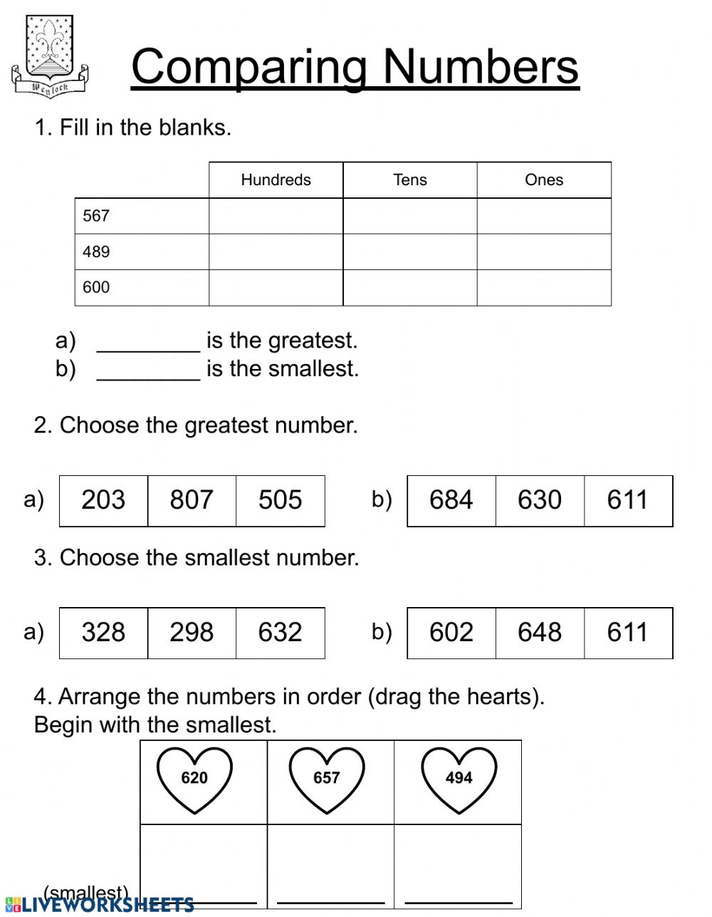 Comparing Three Digit Numbers Worksheets For Second Grade 
