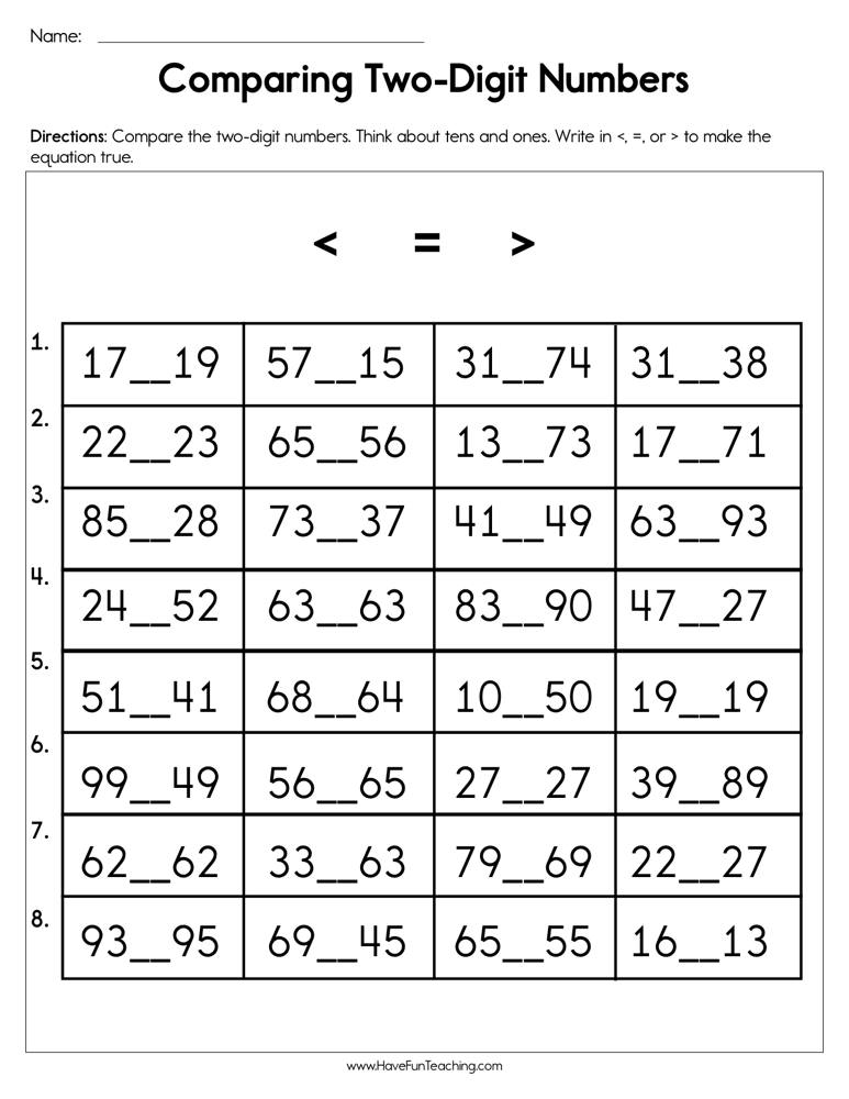 Comparing Two Digit Numbers Worksheet By Teach Simple
