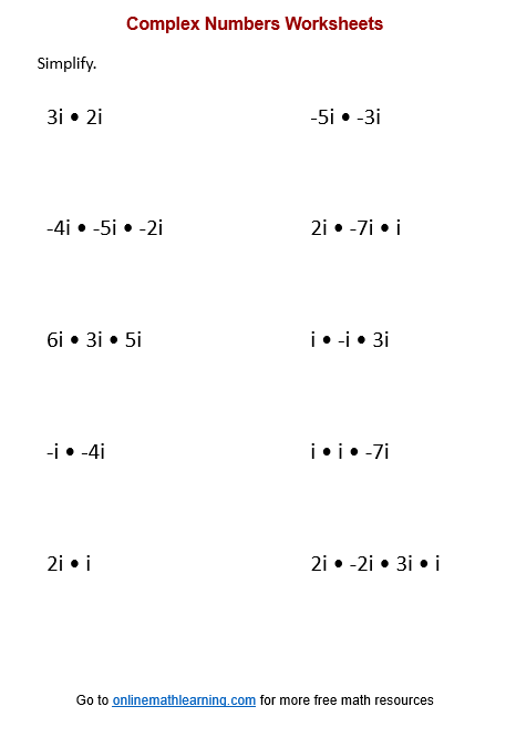 Complex Number Worksheets printable Online Answers Examples 