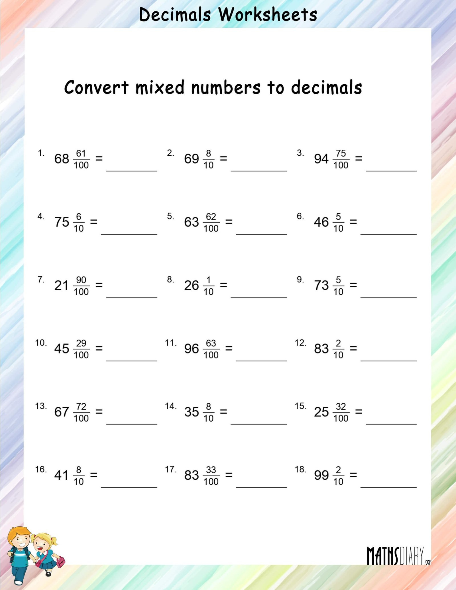 Convert Mixed Fractions To Decimals Worksheets Math Worksheets 