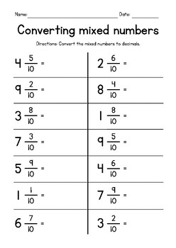 Convert Mixed Numbers To Decimals Fractions Worksheet FREEBIE TPT