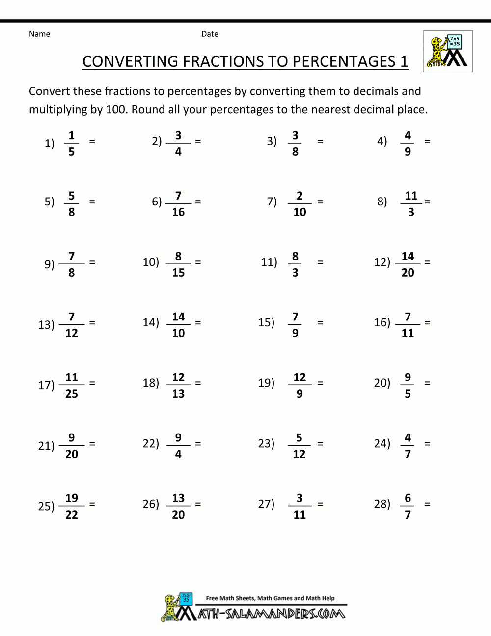 Converting Fractions To Percentages FractionsWorksheets