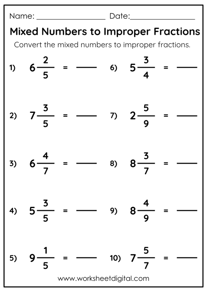 Converting Mixed Numbers To Improper Fractions Worksheet Digital 