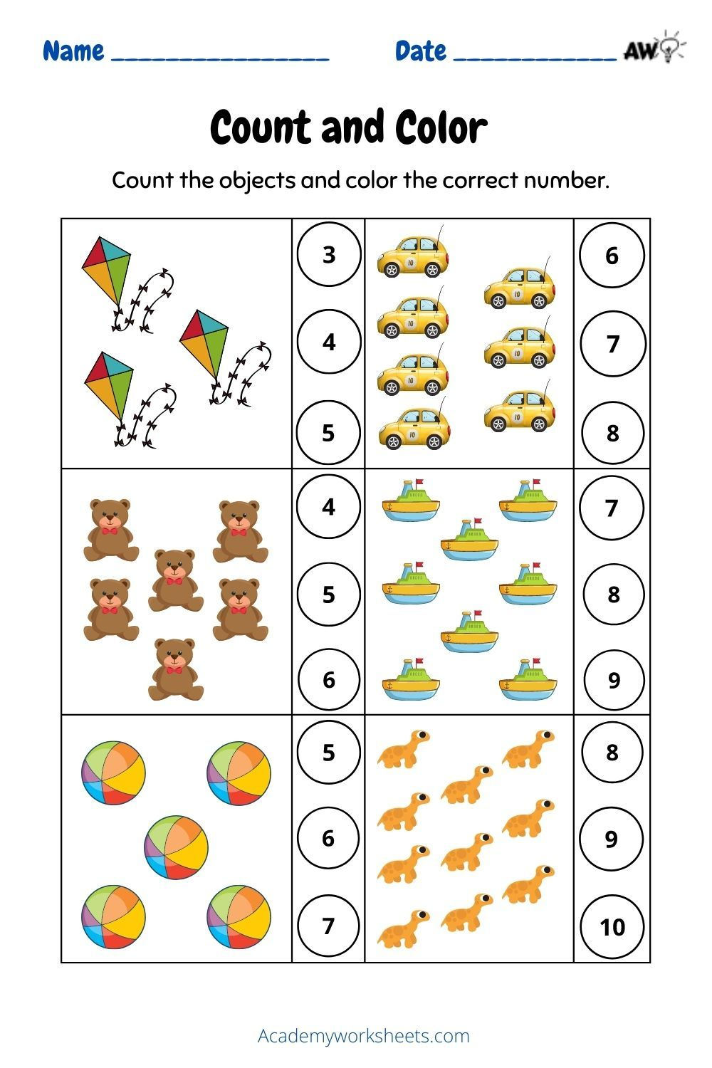Count Match And Color The Number To The Objects Kindergarten Math