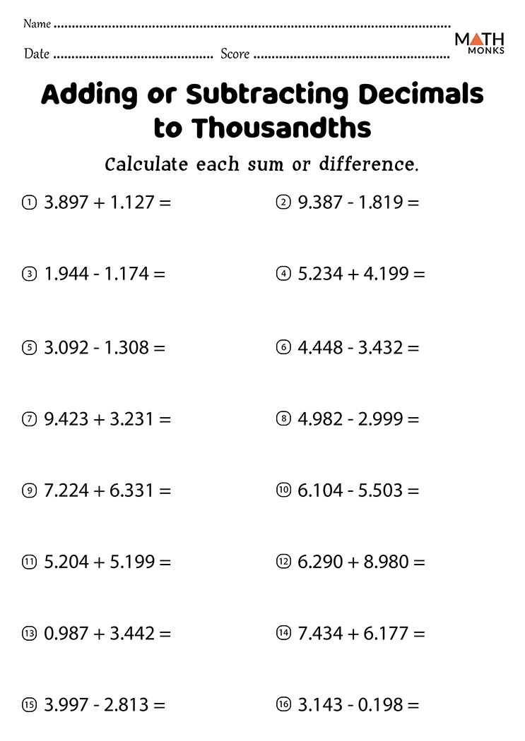 Decimal Add And Subtract Worksheet