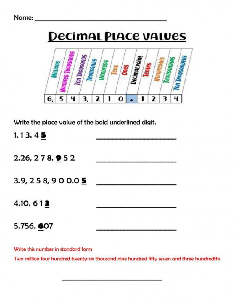 Decimal Place Value Worksheet Printable PDF Template