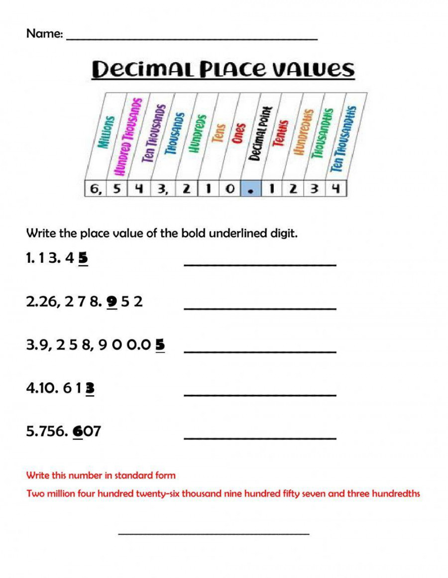 Decimal Place Value Worksheet Printable PDF Template
