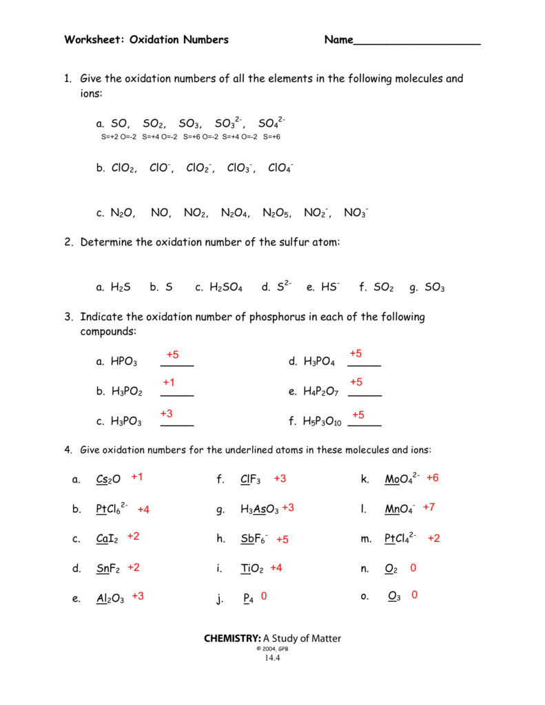 Determining Oxidation Numbers Worksheet Answers 