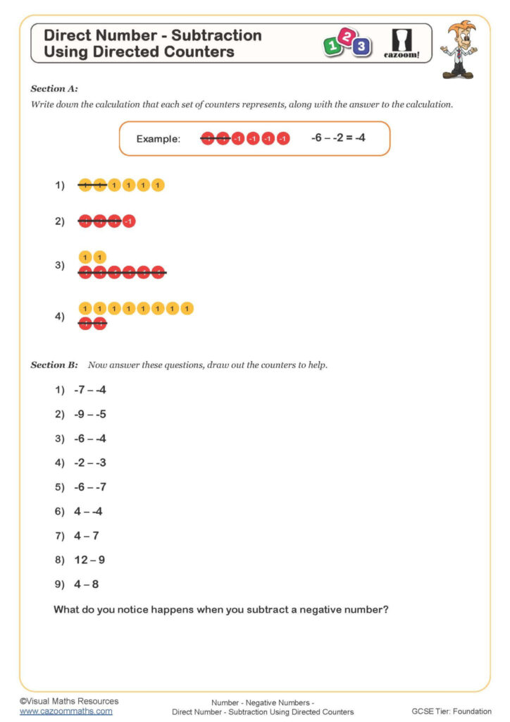 Directed Number Subtraction Using Directed Counters Worksheet