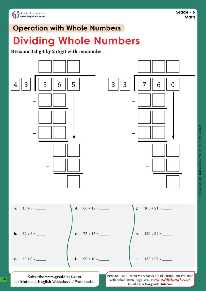 Divide Whole Numbers Worksheets