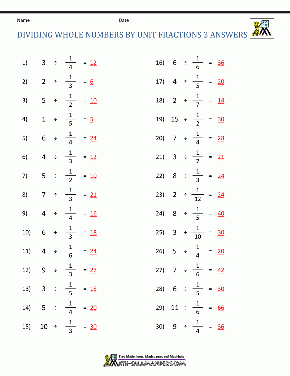 Dividing Fractions By Whole Numbers Worksheet
