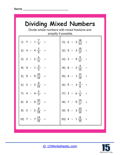 Dividing Mixed Numbers Worksheets 15 Worksheets